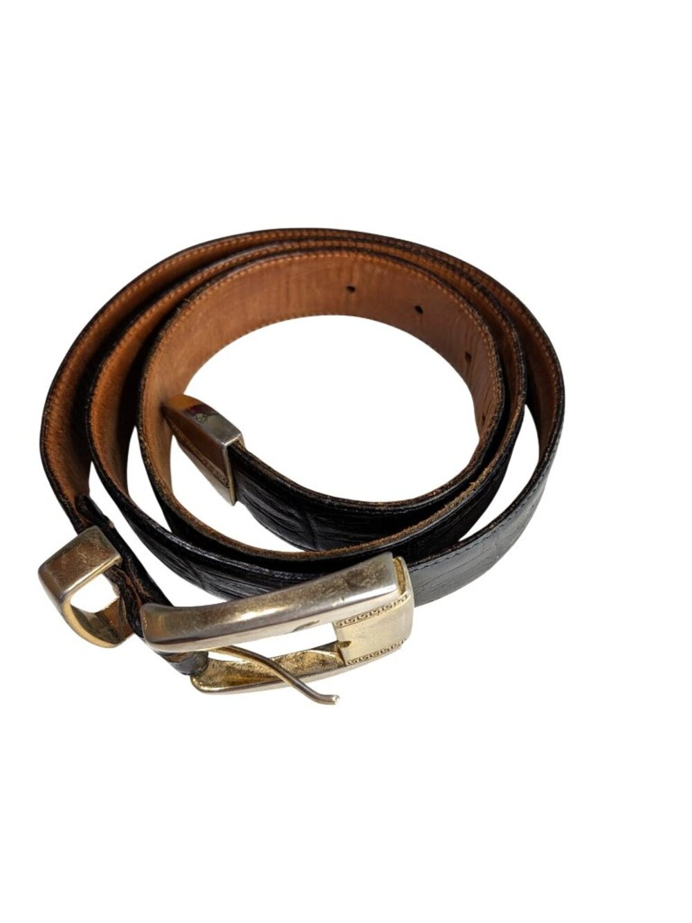 Avanti Mens Black & Brown Leather Belt With Gold Buckle Accents - 1976 Vintage D
